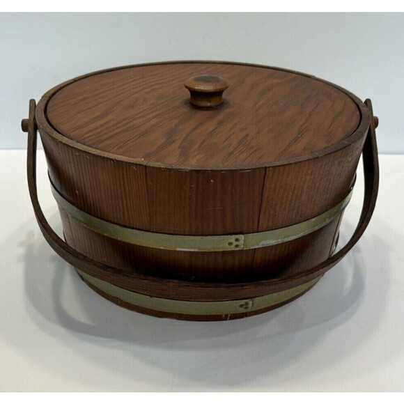 Vintage Shaker Wood Sewing Box with Swing Handle Storage Brass Banded Lid - Picture 1 of 16